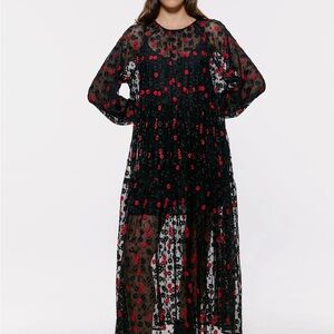 ZARA Sheer Black Maxi Dress with Red Floral Embroidery